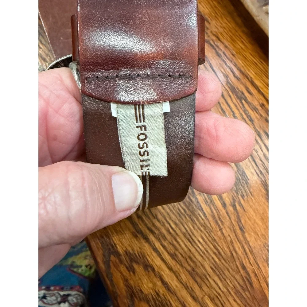 Y2k  Mens Brown Genuine Leather Belt Silver Roller Buckle Size 36 thick rugged
